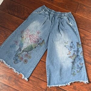 Wide Leg Oversized Print Denim Cropped Jeans size L XL